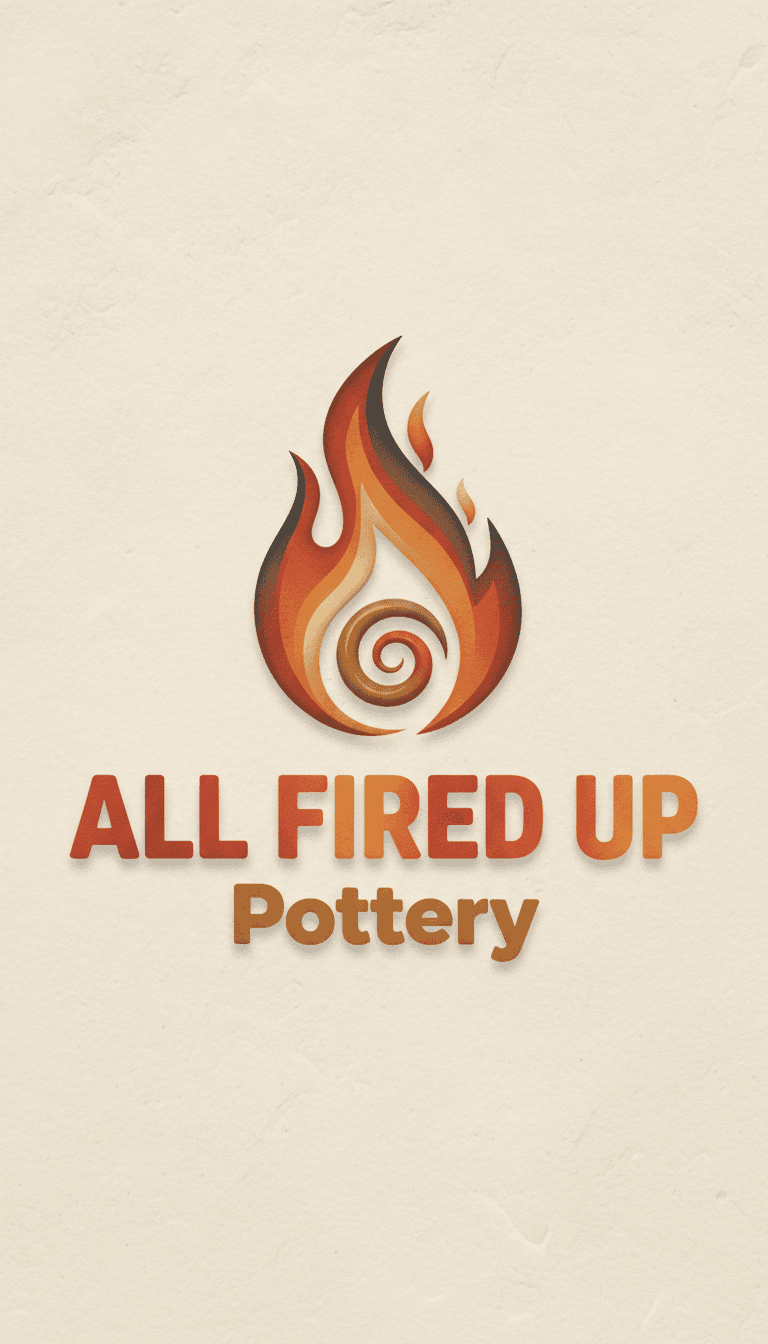 Creative modern logo for ALL FIRED UP Pottery with a flame icon and sans-serif text