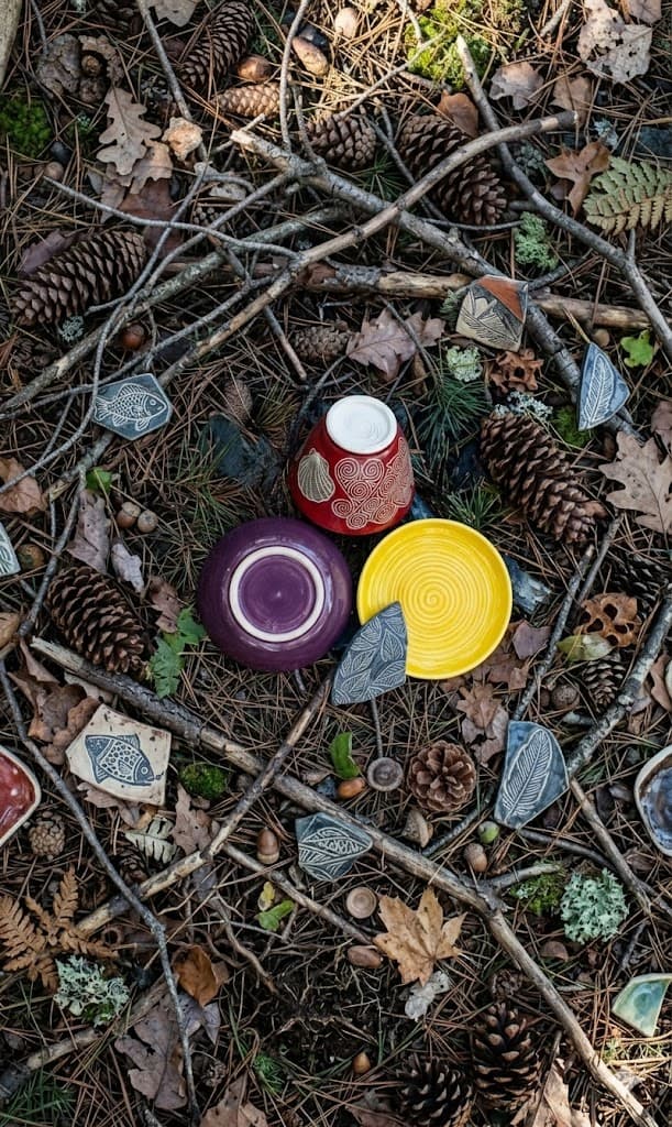 Vibrant ceramic bowls and etched shards nestled among pinecones and twigs on the forest floor.
